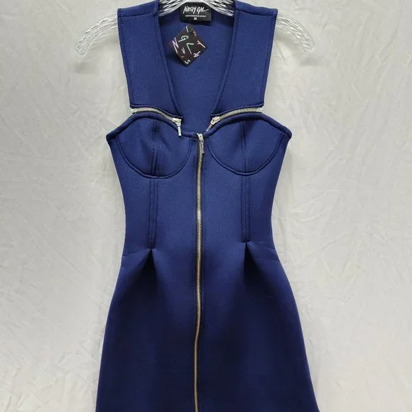 blue neoprene dress Long Fitted Neoprene Dress With Beading At Side Waist And Open Back